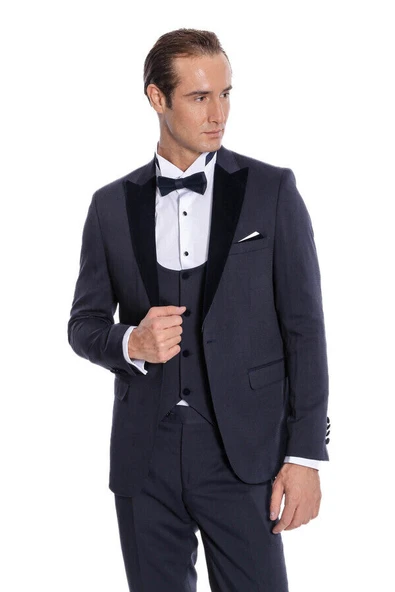 Velvet Yakalı Slim Fit Lacivert Erkek Damatlık - Wessi ürün görseli 1