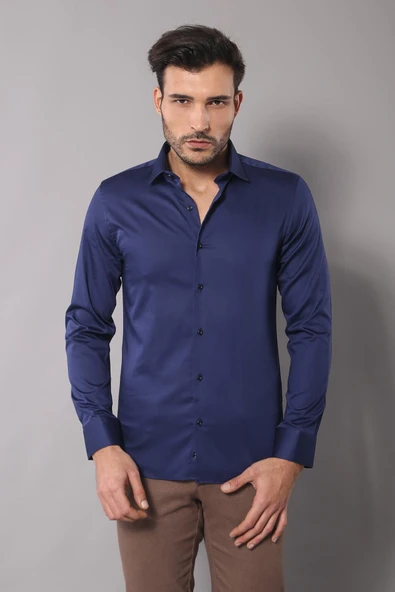 Pamuk Saten Slimfit Lacivert Erkek Gömlek - Wessi ürün görseli 1