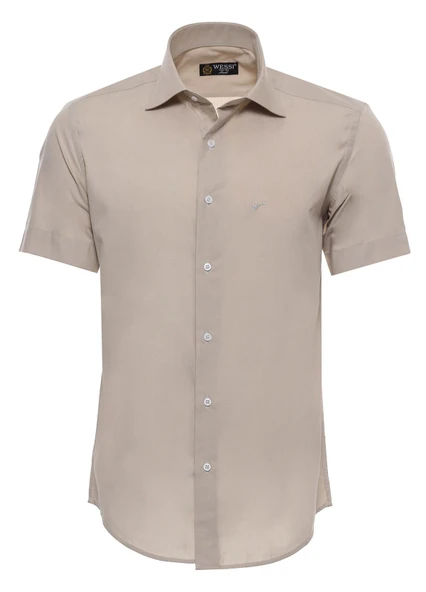 Kısa Kollu Terikoton Slim Fit Krem Erkek Gömlek - Wessi ürün görseli 1