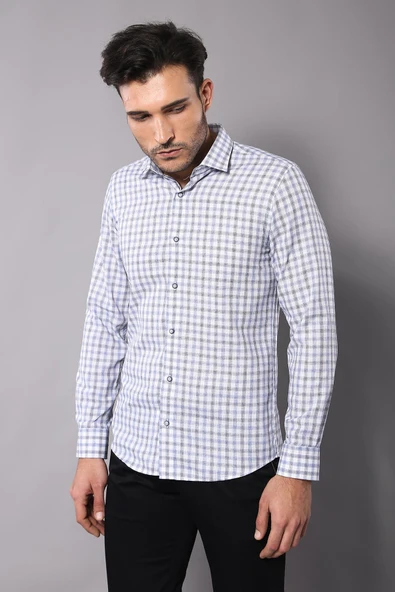 Ekose Desenli Slimfit Mavi Gömlek - Wessi ürün görseli 1