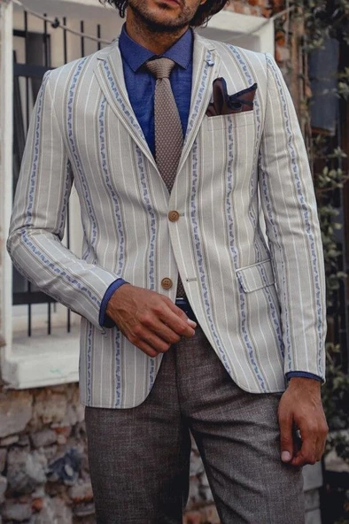 Çizgili Bej Slim Fit Ceket - Wessi - Resim 5
