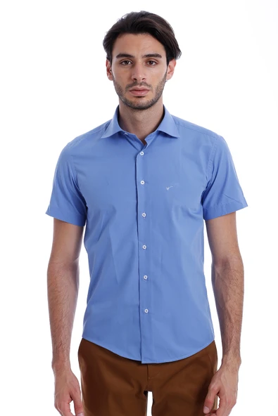 Kısa Kollu Terikoton Slim Fit Mavi Erkek Gömlek - Wessi ürün görseli 1