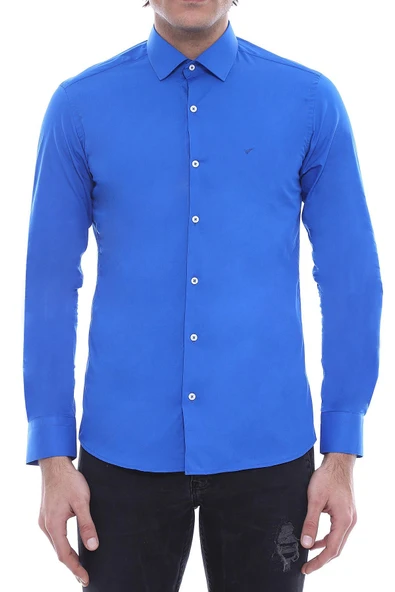 Pamuk Saten Slim Fit Mavi Erkek Gömlek - Wessi ürün görseli 1
