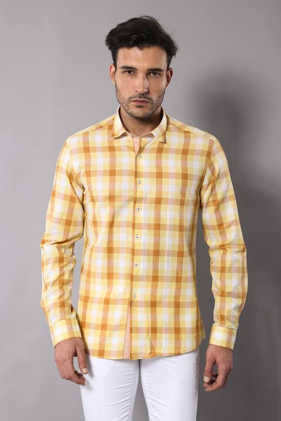 Ekoseli Slimfit Sarı Gömlek - Wessi ürün görseli 1