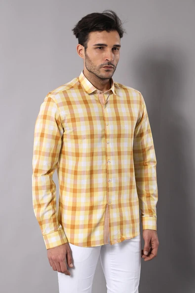 Ekoseli Slimfit Sarı Gömlek - Wessi - Resim 5
