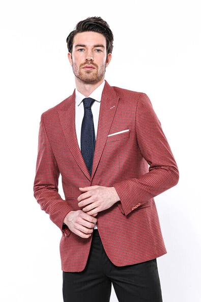 Kendinden Desenli Slim Fit Bordo Ceket - Wessi ürün görseli 1