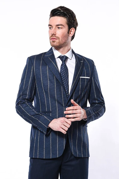 Çizgili Açık Slim Fit Lacivert Erkek Ceket - Wessi ürün görseli 1