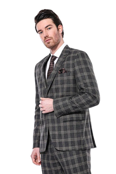 Ekose Desenli Slim Fit Siyah Erkek Ceket - Wessi ürün görseli 1