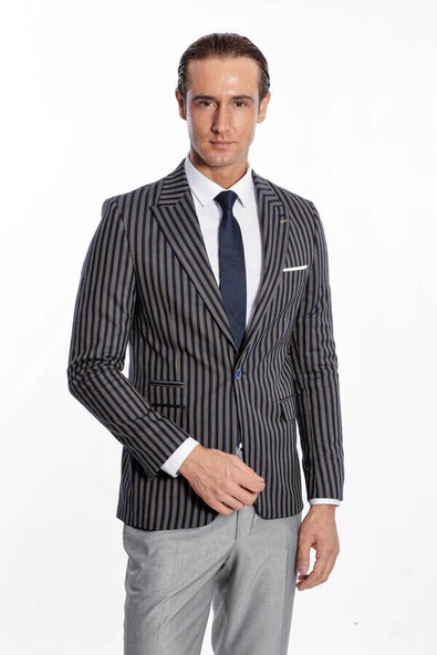 Çizgili Koyu Slim Fit Lacivert Erkek Ceket - Wessi ürün görseli 1