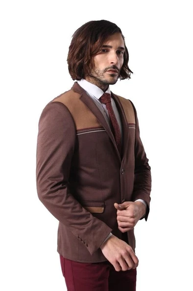 Penye Slim Fit Kahverengi Ceket - Wessi ürün görseli 1