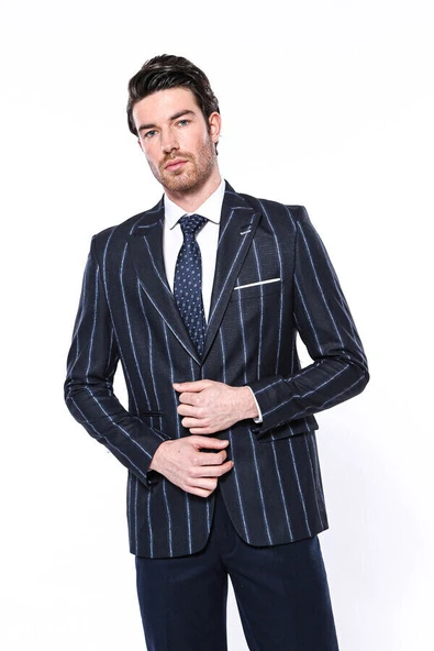 Çizgili Lacivert Slim Fit Ceket | Wessi ürün görseli 1