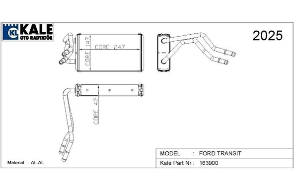 KALE KALORİFER RADYATÖRÜ FORD TRANSIT V347 AC 2 SIRA ALÜMİNYUM BRAZİNG SİSTEM ürün görseli 1