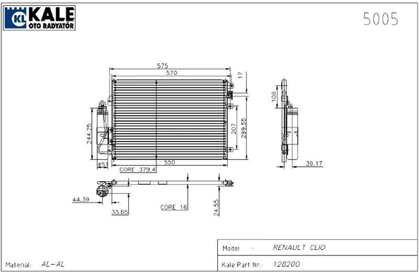 KALE KLİMA RADYATÖRÜ RENAULT CLIO II KANGO 97-01 1.2 1.4 1.5  (1 SIRA AL+PL SİSTEM) ürün görseli 1