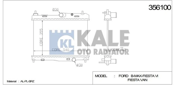 KALE RADYATÖR FORD B-MAX FIESTA VI FIESTA VAN (350X538X16) AL/PL/BRZ ürün görseli 1