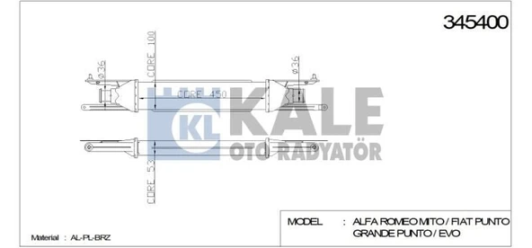 KALE TURBO RADYATÖRÜ (INTERCOOLER) FIAT PUNTO PUNTO EVO GRANDE PUNTO (450X97X52) ürün görseli 1