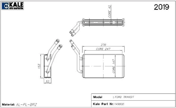 KALE KALORİFER RADYATÖRÜ FORD TRANSIT V184 KLİMASIZ 2 SIRA ALÜMİNYUM BRAZİNG SİSTEM ürün görseli 1