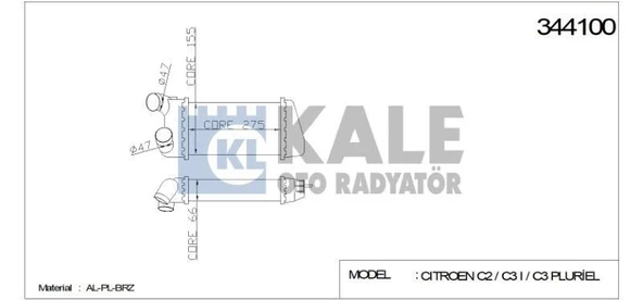 KALE TURBO RADYATÖRÜ (INTERCOOLER) PEUGEOT 1007 PEUGEOT C3 (275X147X64) AL/PL/BRZ ürün görseli 1