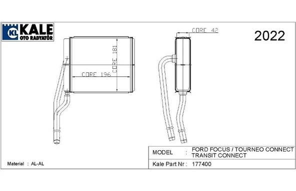KALE KALORİFER RADYATÖRÜ FORD FOCUS -TRANSIT CONNECT 1998-2004 KAL. 2 SIRA ALÜMİNYUM BRAZİNG SİSTEM ürün görseli 1