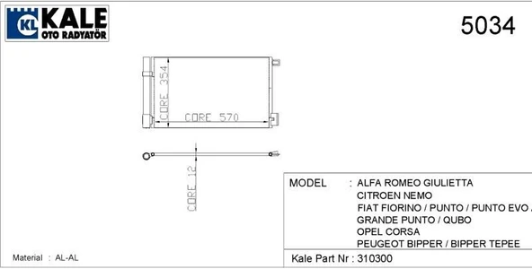 KALE KLİMA RADYATÖRÜ FIAT FIORINO 1.3 JTD 1 SIRA ALÜMİNYUM BRAZİNG SİSTEM ürün görseli 1