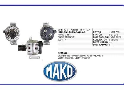 MAKO ALTERNATÖR A115I.14V/105A FORD TRANSIT (2002 MODEL ) V184 ürün görseli 1