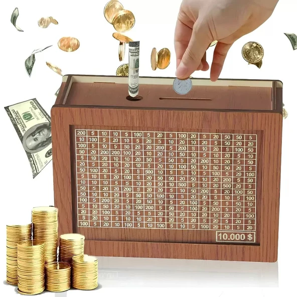 10.000 TL Hedefli Ahşap Kumbara Parabox Tasarım Para Biriktirme Kutusu Motivasyon ürün görseli 1