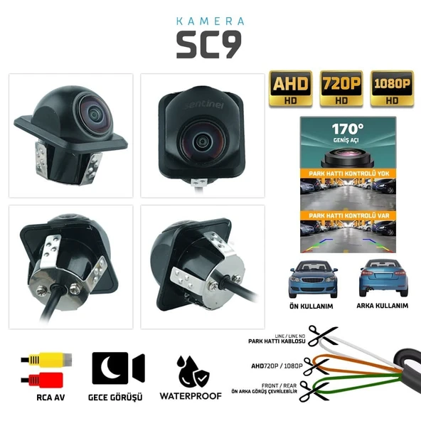 Sentinel SC9 170° Geniş Açı Araç Ön/Arka Görüş Kamerası – AHD 720P / 1080P, Gece Görüşlü ürün görseli 1
