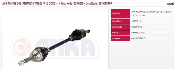 ANKA ON AKS KOMPLE SOL SYMBOL IV-SANDERO II 1,5DCI K9K 2012-2024 ürün görseli 1