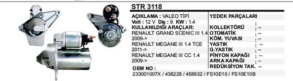 REMARK MARŞ MOTORU 9 DİŞ 12V  RENAULT MEGANE III 1 4 TCE FS10E 2011->  VALEO TİP ürün görseli 1