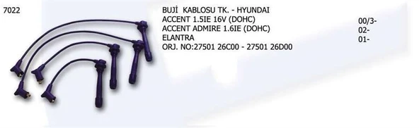 ÜNÜVAR BUJİ KABLOSU TK.HYUNDAI ACCENT ERA ELANTRA ADMİRA 1.3 PİPO TİP(DOCH) ürün görseli 1
