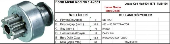 FORM METAL MARŞ DİŞLİSİ 9 DİŞ 12 KANAL LUCAS TİPİ FIAT 450 480 640 IVECO DAILY 440 CARGO TURBO TAM FREZE ürün görseli 1