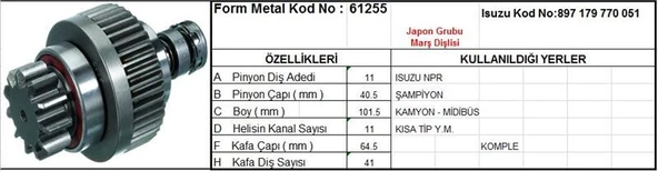FORM METAL MARŞ DİŞLİSİ 11 DİŞ 11 KANAL JAPON TİPİ ISUZU CHAMPION NPR KISA TIP KOMPLE  DS=11 DKÇ=40,5 BOY=103,4 KS=11 GÇ=64,5 KDS=41 ürün görseli 1