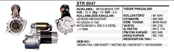 DODO MARŞ MOTORU 10 DİŞ 12V HYUNDAI H100 / L300 2.3D ->98 LEVENT MEGASTAR  MITSUBISHI TİP ürün görseli 1