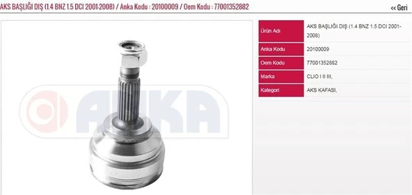 ANKA AKS KAFASI CLIO 1,4 BENZINLI 2001-2008 (DIS FREZE:21-IC FREZE:28) ürün görseli 1