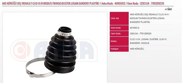 ANKA AKS KORUGU DIS CLIO III-IV-MODUS-TWINGO-DUSTER-LOGAN-SANDERO ürün görseli 1