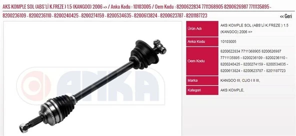 ÖN AKS SOL ABSLI KANGOO-CLIO 1,5 DCI 06--> (DIS FREZE:23-ABS HALKA DIS SAYISI:44-UZUNLUK:630) ürün görseli 1