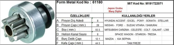 FORM METAL MARŞ DİŞLİSİ 8 DİŞ 8 KANAL JAPON TİPİ HYUNDAI ACCENT EXCEL SONATA NISSAN SUZUKI VITARA TAM FREZE  DS=8 DKÇ=28 BOY=55,5 KS=8 BDÇ=12,1 GÇ=44,5 ürün görseli 1