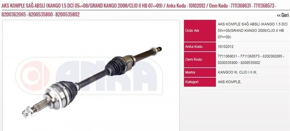 ANKA AKS KOMP.SAĞ ABSLİ 619 MM RENAULT CLIO II HB 07-09 KANGOO -GRAND KANGOO 1.5 DCİ 05=>08/ ürün görseli 1