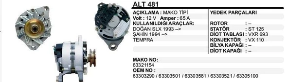 ALTERNATÖR 12V 65A FIAT DKŞ SLX / TEMPRA 321 154-ŞAHİN 94-TEMPRA MAKO TİP ürün görseli 1