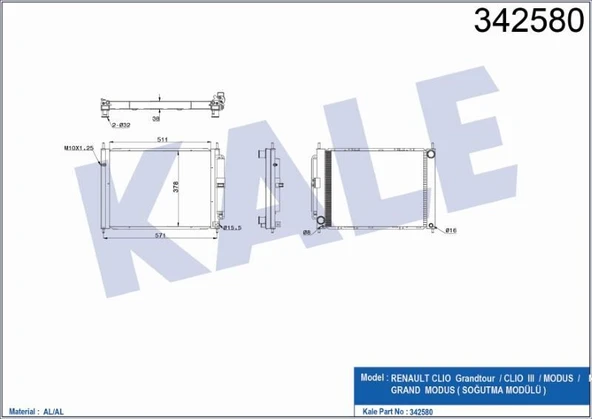 KALE SU + KLİMA RADYATÖRÜ RENAULT CLIO GRANDTOUR / CLIO III MODUS 05+ 1.2 16V / 1.5 DCİ () AL/AL ürün görseli 1