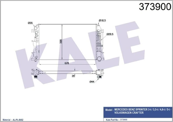 KALE BRAZİNG SU RADYATÖRÜ MERCEDES SPRINTER 06+ VW CRAFTER 06+ RADYATÖR VW CRAFTER (678X398X26) AL/PL/BRZ ürün görseli 1