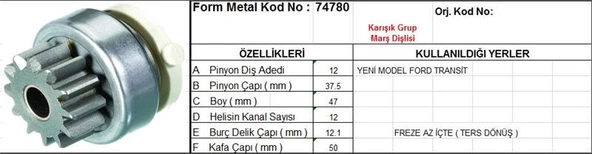 FORM METAL MARŞ DİŞLİSİ 12 DİŞ 12 KANAL FORD TRANSIT YM FREZE AZ ICTE TERS DONUSLU T.DÖN. DS=12 DKÇ=37,5 BOY=47 KS=12 BDÇ=12,1 GÇ=50 ürün görseli 1