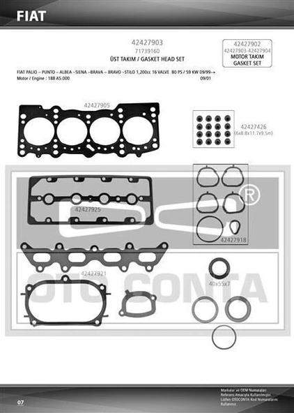 OTOCONTA MOTOR TAKIM CONTASI ÜST (KEÇELI) PALIO 1.2 16V 188 A5.000 - 176 B9.000 ürün görseli 1