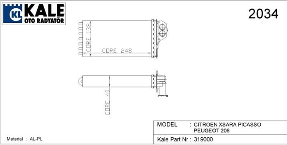 KALE KALORİFER RADYATÖRÜ PEUGEOT 206 KAL. AL-TUP 1 SIRA AL+PL SİSTEM ürün görseli 1