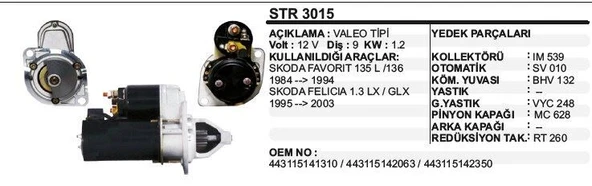 DODO MARŞ MOTORU 9 DİŞ 12V D6R SKODA FELICIA 135/136(84-94) / FAVORIT 1.3 LX/GLX(95-03)  VALEO TİP ürün görseli 1