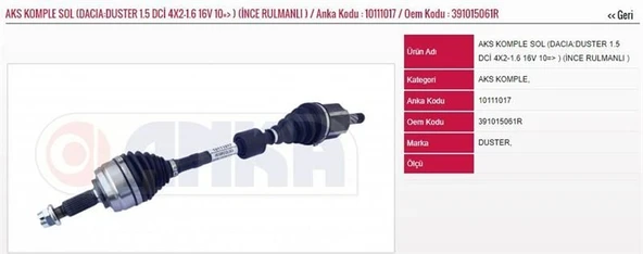 ANKA AKS KOMPLE SOL 1.5 DCİ 4×2-1.6 16V 10=> (İNCE RULMANLI ) YENİ DACIA DUSTER ürün görseli 1