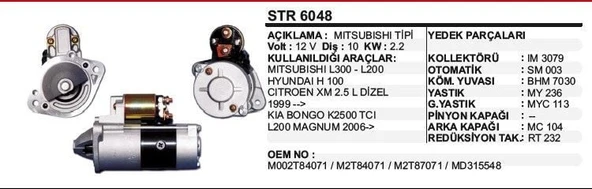 MARŞ MOTORU 10DİŞ MITSUBISHI L300/ HYUNDAI H100 04-> KISA BURUN  MITSUBISHI TİP STR6047 (AYNI) ürün görseli 1
