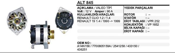 DODO ALTERNATÖR 12V 90A RENAULT R19- 1.4 İ /90-99 /CLIO 1.2-1 4 VALEO TİP ürün görseli 1