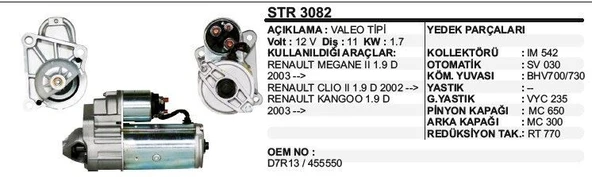 DODO MARŞ MOTORU 11 DİŞ 12V D7R RENAULT MEGANE II / CLIO II / KANGO 1.9D (02-03-)  VALEO TİP ürün görseli 1