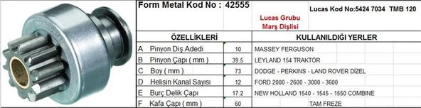 FORM METAL MARŞ DİŞLİSİ 10 DİŞ 12 KANAL LUCAS TİPİ MASSEY FERGUSON PERKINS LAND ROVER FORD DODGE/JCB/LAND ROVER LUCAS TYP DS=10 DKÇ=40 BOY=73 KS=12 BDÇ=17 GÇ=60 ürün görseli 1