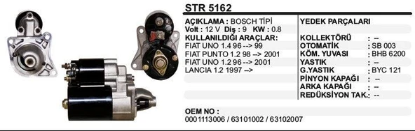 REMARK MARŞ MOTORU 9 DİŞ 12V FIAT UNO 1.4 96 -> 99 UNO 1.2 96-2001 PUNTO 1.2 98-01 LANCIA 1.2 97- BOSCH TIP ürün görseli 1